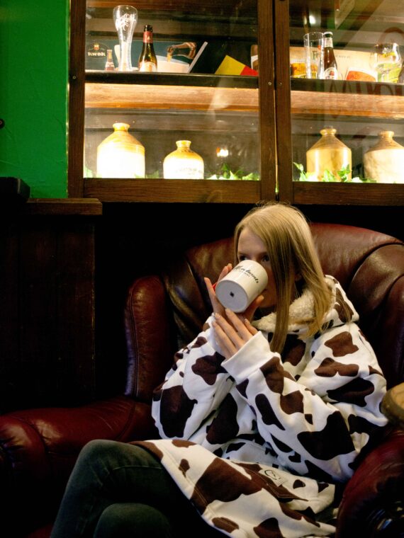 Xtreme Brown Cow Print Blanket Hoodie - With White Sherpa Lining