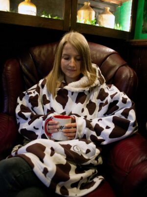 Xtreme Brown Cow Print Blanket Hoodie - With White Sherpa Lining