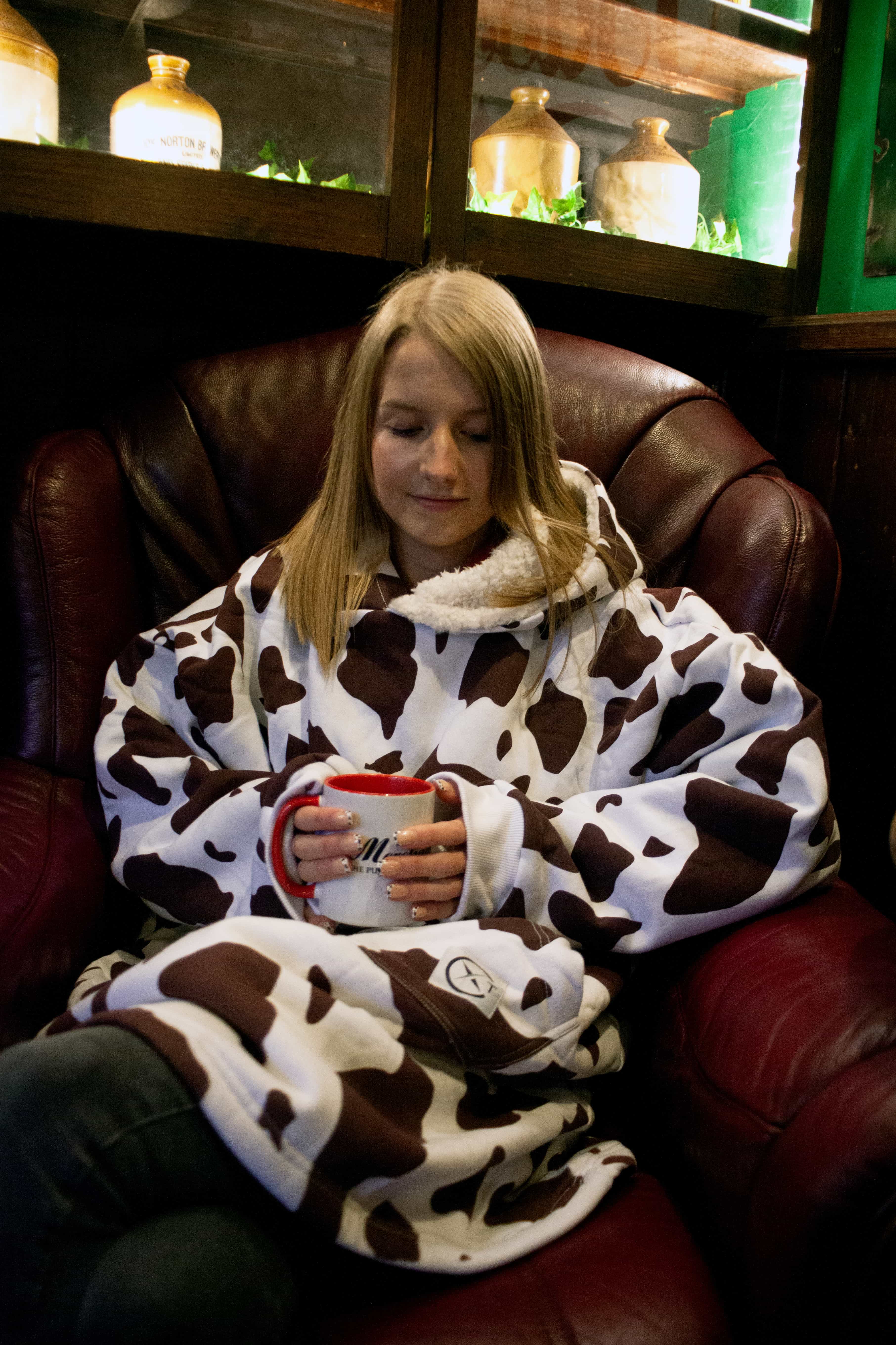 Xtreme Brown Cow Print Blanket Hoodie - With White Sherpa Lining